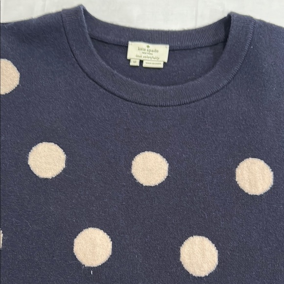 Kate Spade Womens  Sweater M Polka Dot Navy Cream Cashmere Blend Short Sleeve - Picture 8 of 9